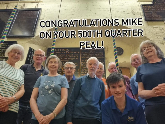 Mike’s 500th Quarter Peal! Congratulations Bangers! 🎉🥂🔔🤩

1299 Stedman Caters
Composed by Fraser A Storie 
1 Kate Flavell @kateflave11 
2 Fraser A Storie (C) @fraser_storie 
3 Mike Bangham
4 Geraldine R Forster
5 Sheila M Cheesman @sheilacheesman 
6 Alec Gray
7 Paul Flavell @pjfkingston 
8 Stephen J F Mitchell
9 Jeremy D Cheesman
10 Christopher Ridley @newgate12t @ridley795 
For Evensong
Marking the 3rd Ringer’s 500th quarter - Well Done Mike! #kingstonbellringers #allsaintschurchkingston #kingstonuponthames #bellringing #quarterpealselfie #quarterpeal https://bb.ringingworld.co.uk/view.php?id=1840782