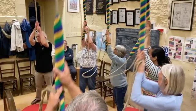 18 tonight with So-Shan in charge: lots of rounds and call changes on 12; PBD for Ed (pic 8 with all the teens ringing); Grandsire Doubles (video 5) and touch of PBD for Max; trebling and tenoring to PBD for Max M; rehearsal of Stedman Triples for Pip and her QP on Sunday (video 3); PH5 for Catherine and Charlotte 👏🏻; PBD for So-Shan; Stedman Doubles for Kate C after her course on Saturday 👏🏻 (video 4); tenoring practice for Joseph, and finished off with PH11 (with lovely set of rounds first - video 1 🎥 by Charlotte). Video 2 shows the tenor bell being rung to show the bells to our visitor who might be a possible new recruit. 

And the photos - Max was put in charge of standing next to Max M on tenor to keep him right and Ed decided to join too (pics 6-7); pics 9-13 shows our lovely bells and my view coming down the ladder! 

The bells have been left up for VE Day ringing tomorrow at 18:30, following the British Legion’s wreath-laying ceremony at the war memorial at 18:00. 

#kingstonbellringers #allsaintschurchkingston #kingstonuponthames #bellringing 📸🎥 @soshanau